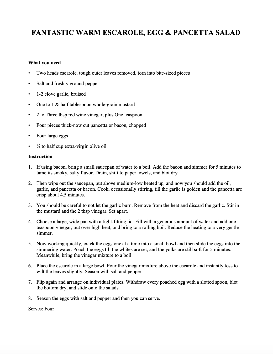Warm Escarole, Egg & Pancetta Salad recipe sample page