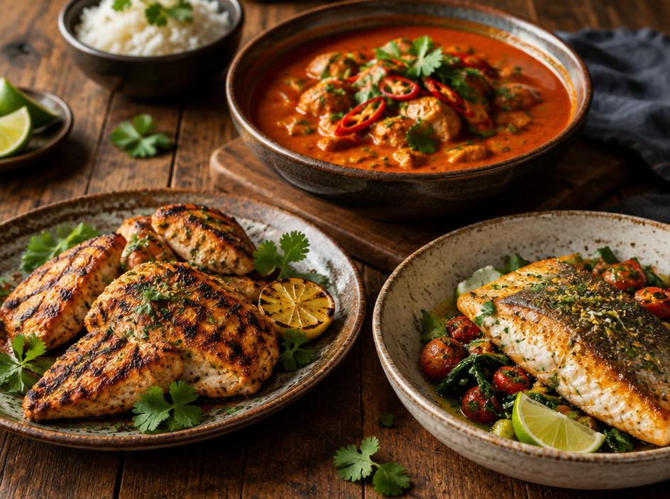 Grilled chicken, seared fish and a rich curry