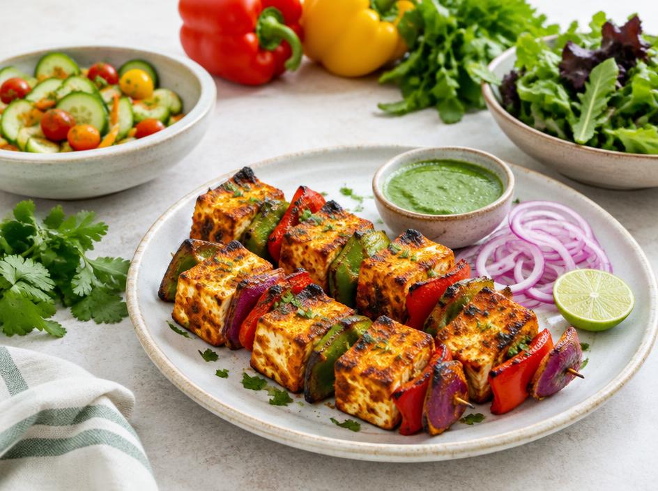 Paneer tikka skewers with fresh vegetables and greens
