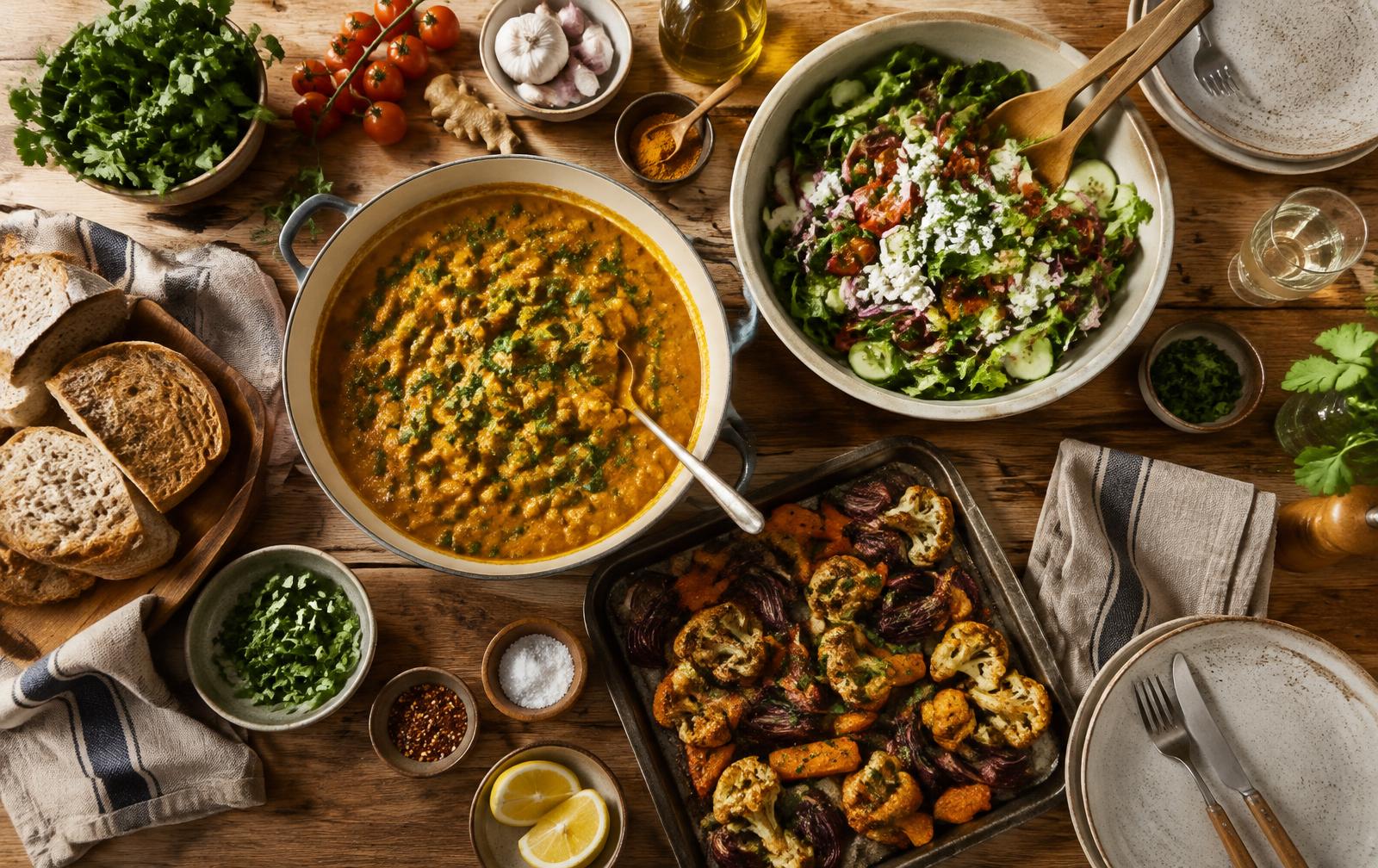 A home dining table with curry, salad, fresh bread, roasted vegetables and fresh ingredients
